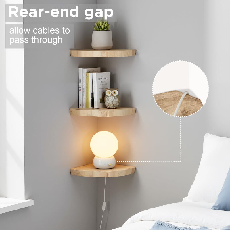 BrightRow Corner Floating Shelves for Wall Set of 3, Solid Wood 7 Inch Rounded Corner Shelves Wall Mounted Natural Solid Elm Wood Shelf, Wooden Hanging Shelf for Bedroom, Rustic Style for Decor - Image 4
