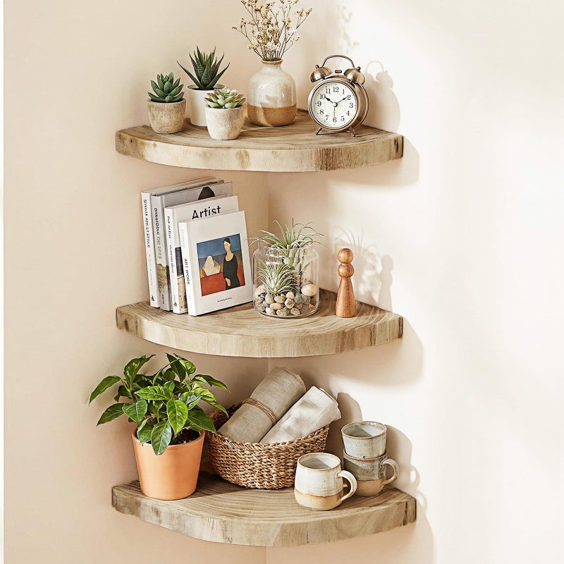 BrightRow Corner Floating Shelves for Wall Set of 3, Solid Wood 7 Inch Rounded Corner Shelves Wall Mounted Natural Solid Elm Wood Shelf, Wooden Hanging Shelf for Bedroom, Rustic Style for Decor - Image 1