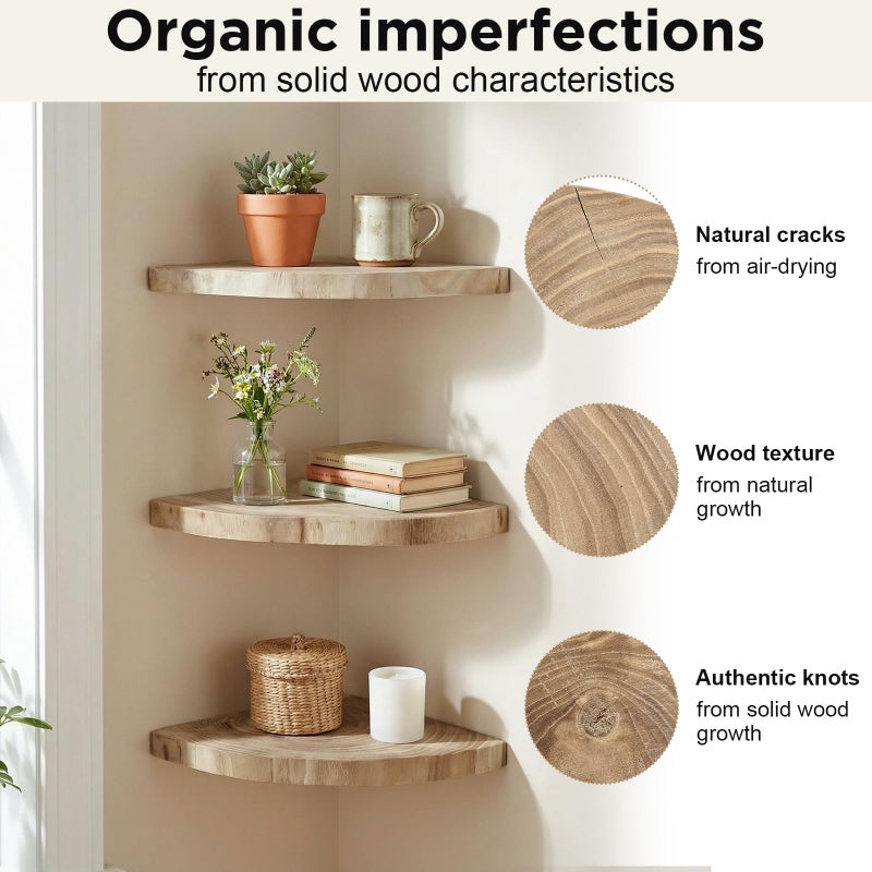 BrightRow Corner Floating Shelves for Wall Set of 3, Solid Wood 7 Inch Rounded Corner Shelves Wall Mounted Natural Solid Elm Wood Shelf, Wooden Hanging Shelf for Bedroom, Rustic Style for Decor - Image 3