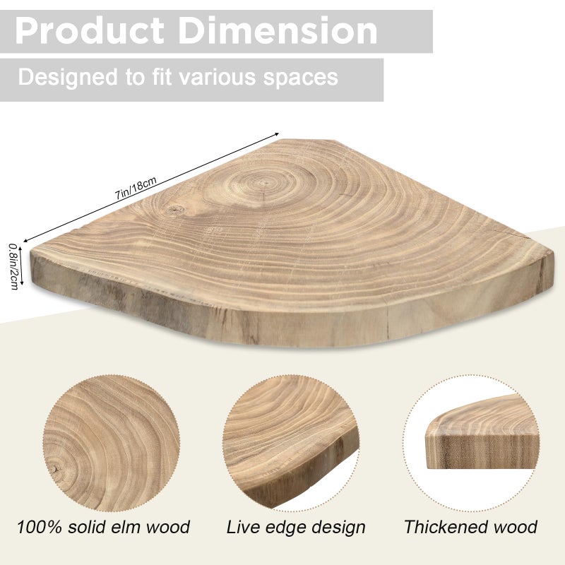 BrightRow Corner Floating Shelves for Wall Set of 3, Solid Wood 7 Inch Rounded Corner Shelves Wall Mounted Natural Solid Elm Wood Shelf, Wooden Hanging Shelf for Bedroom, Rustic Style for Decor - Image 2