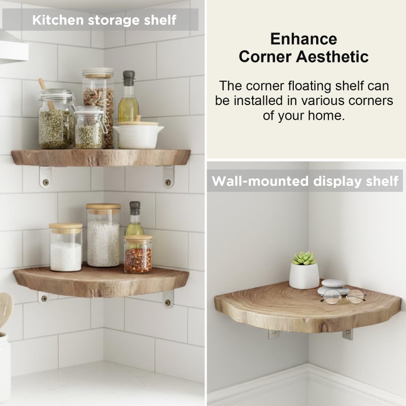 BrightRow Corner Floating Shelves for Wall Set of 3, Solid Wood 7 Inch Rounded Corner Shelves Wall Mounted Natural Solid Elm Wood Shelf, Wooden Hanging Shelf for Bedroom, Rustic Style for Decor - Image 5
