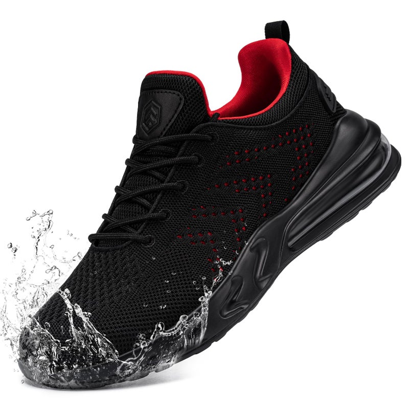 LARNMERN Men Non Slip Work Sneakers Water Resistant Food Service Zapatos Trabajo Antideslizantes Walking Shoes Waterproof Shoes Slip-on, Black Vermilion 12 - Image 1