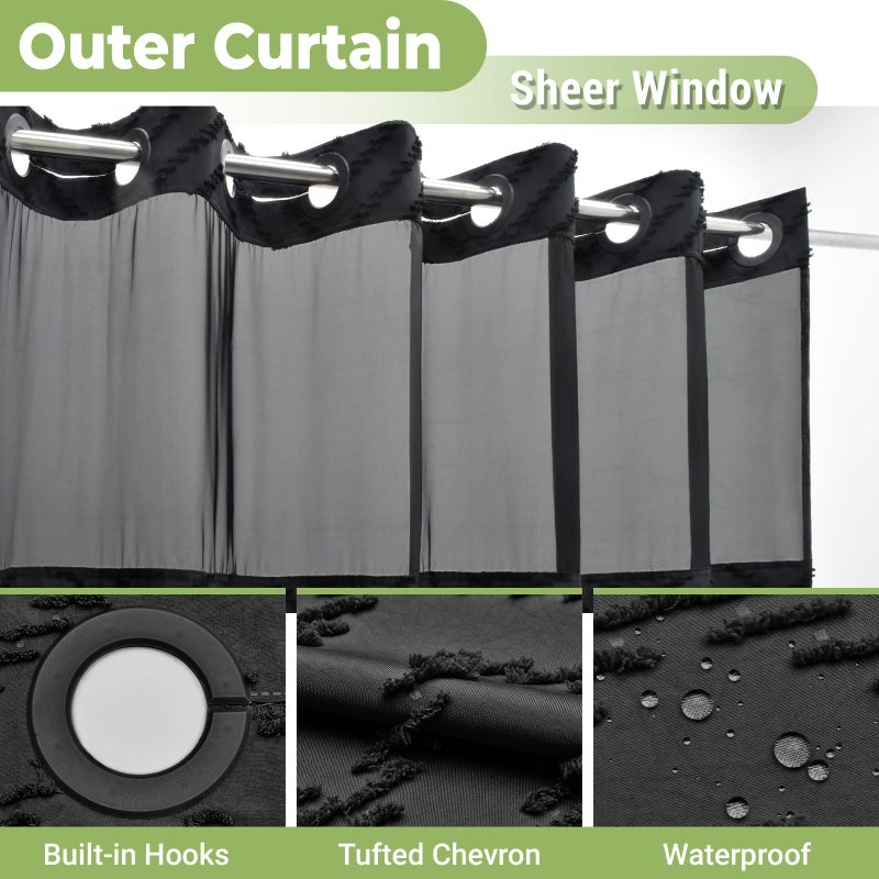 WONICY No Hook Shower Curtain with Snap in Liner, Black Tufted Chevron Striped Shower Curtains for Bathroom, Waterproof & Washable, 71Wx74H - Image 4