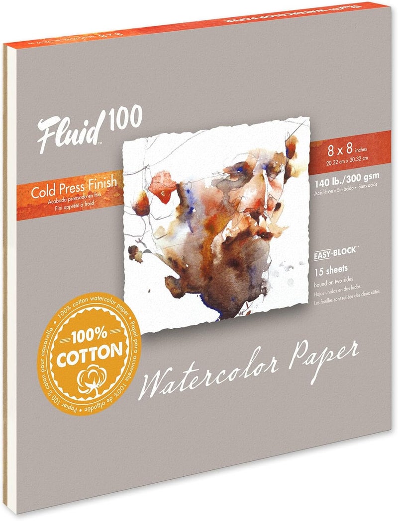 Speedball Fluid 100 Watercolor Paper Block, 8 x 8 inches, 15 Sheets, 140 lb (300 GSM) 100% Cotton Cold Press Pad for Artist Painting and Wet Media - Image 1