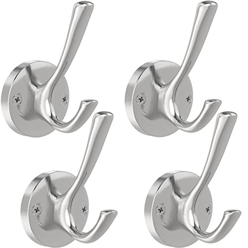 TOFIIGREM Brushed Nickel Wall Hooks, 4 Pack Heavy Duty Coat Towel Hook Metal Double Hook Wall Mounted Hanging, Bath Towel Hooks for Entryway Cubicle Bathroom Closet Garage - Image 1