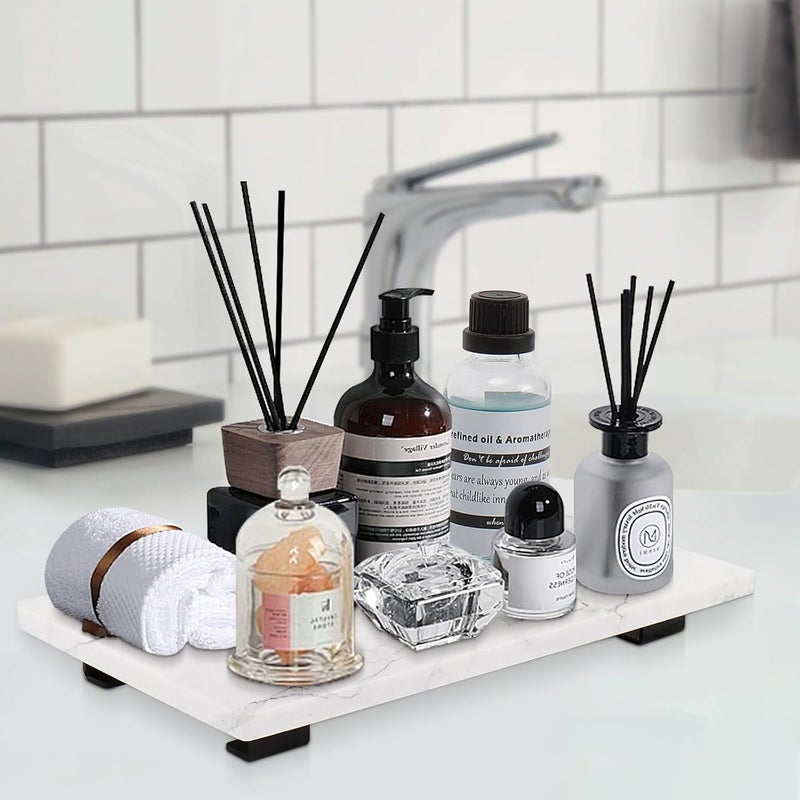 صينية زينة الحمام - رخام أبيض لخزان المرحاض، صابون المطبخ، عرض صغير فاخر للحلوى، القهوة، الشاي، الزجاجة، النبات - إكسسوارات الطاولة/السطح (أسود، 10 بوصة) - Image 4