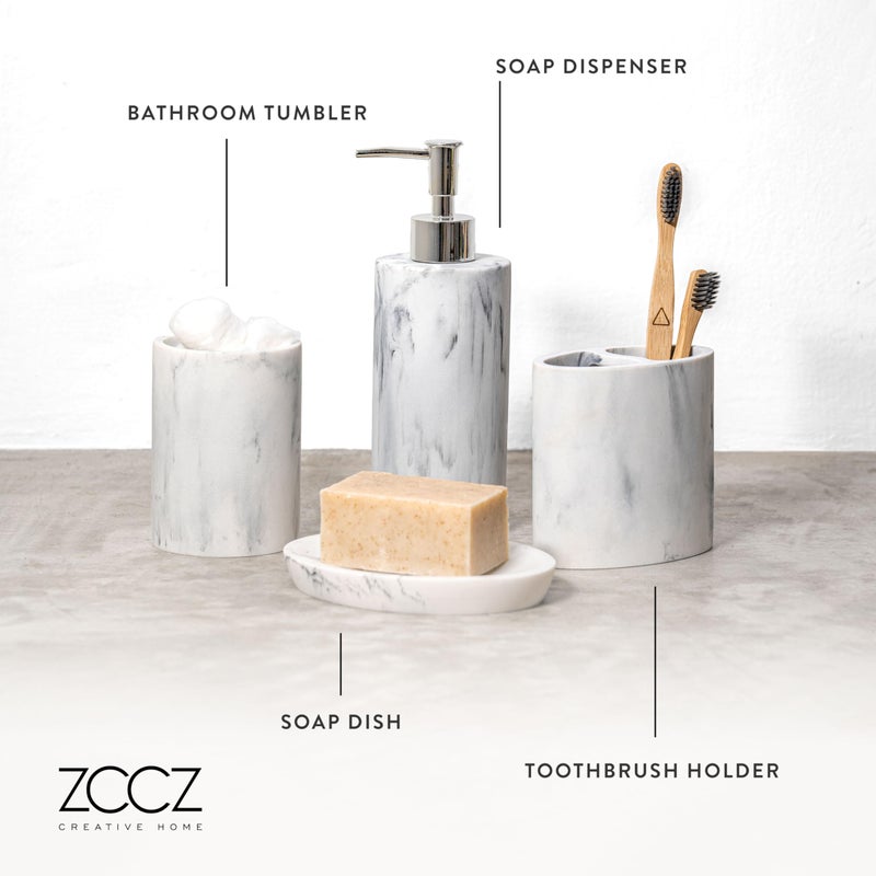 ZCCZ Bathroom Accessory Set, 4 Pcs Marble Look Bathroom Vanity Countertop Bathroom DÃ©cor Sets Accessories with Soap Dispenser, Toothbrush Holder Set, Tumbler, Soap Dish - Image 5