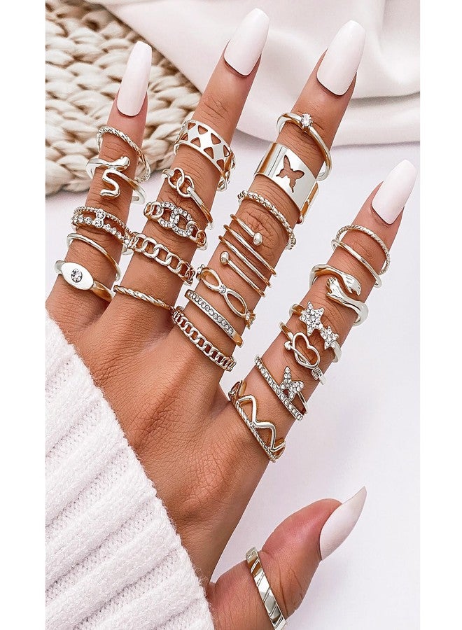 17IF 24P Gold Vintage Knuckle Ring Set for Women, Boho Crystal Finger Aesthetic Pearl Sparkle Butterfly Chunky Stackable Midi Ring Pack (SilverHug) - Image 4