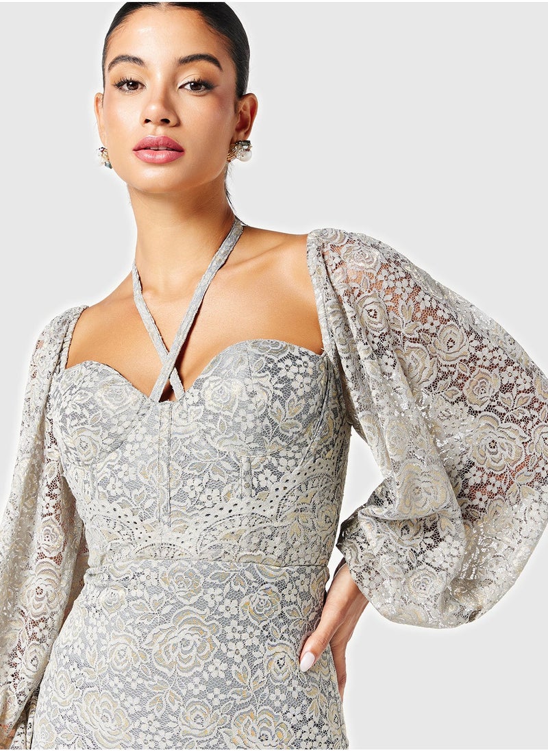 Threadz by Ajooni - Puff Sleeve Corset Body Lace Dress - Image 1