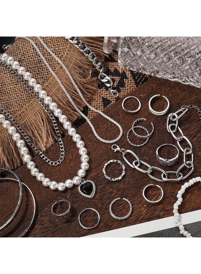 IFKM Silver Plated Jewelry Set - 36 Piece Set with 3 Necklaces, 12 Bracelets, 7 Ear Cuffs & Earrings, 14 Knuckle Rings for Women - Valentine, Anniversary, Birthday & Friendship Gifts, Aanpasbaar - Image 2