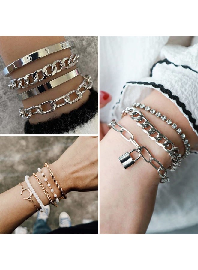 IFKM Silver Plated Jewelry Set - 36 Piece Set with 3 Necklaces, 12 Bracelets, 7 Ear Cuffs & Earrings, 14 Knuckle Rings for Women - Valentine, Anniversary, Birthday & Friendship Gifts, Aanpasbaar - Image 4