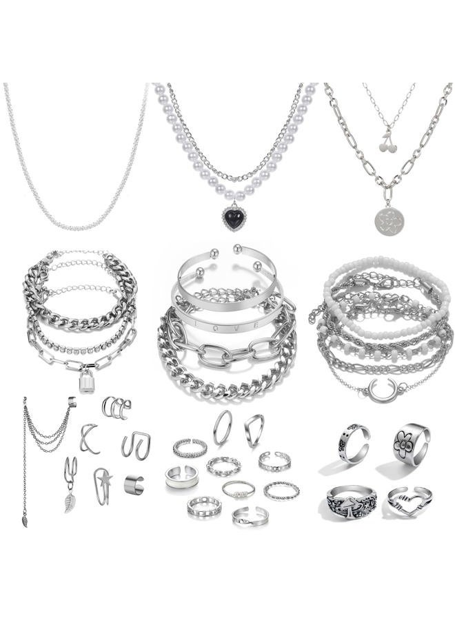 IFKM Silver Plated Jewelry Set - 36 Piece Set with 3 Necklaces, 12 Bracelets, 7 Ear Cuffs & Earrings, 14 Knuckle Rings for Women - Valentine, Anniversary, Birthday & Friendship Gifts, Aanpasbaar - Image 1