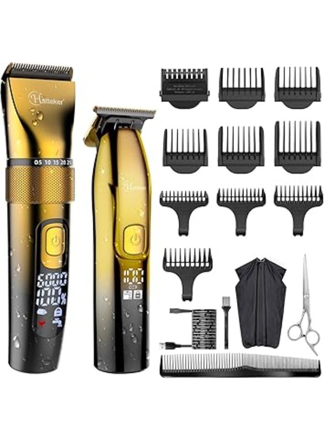 Hatteker Mens Professional Hair Clippers and T-Blade Trimmer Kit Cordless Beard Barber Clipper Hair Cutting Kit Haircut Grooming Kit IPX7 Waterproof (Gold) - Image 1