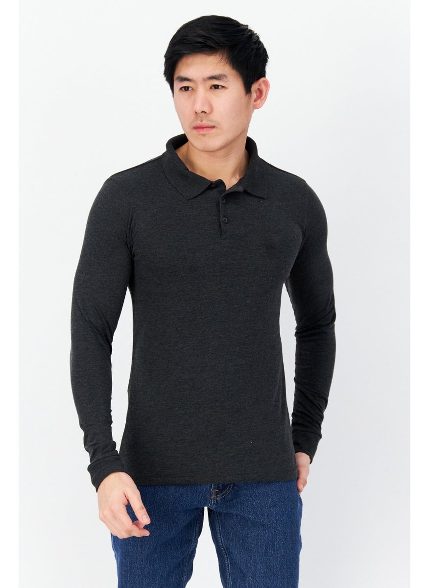 French Connection Men Regular Fit Brand Logo Long Sleeves Polo, Black/Charcoal  - Image 1