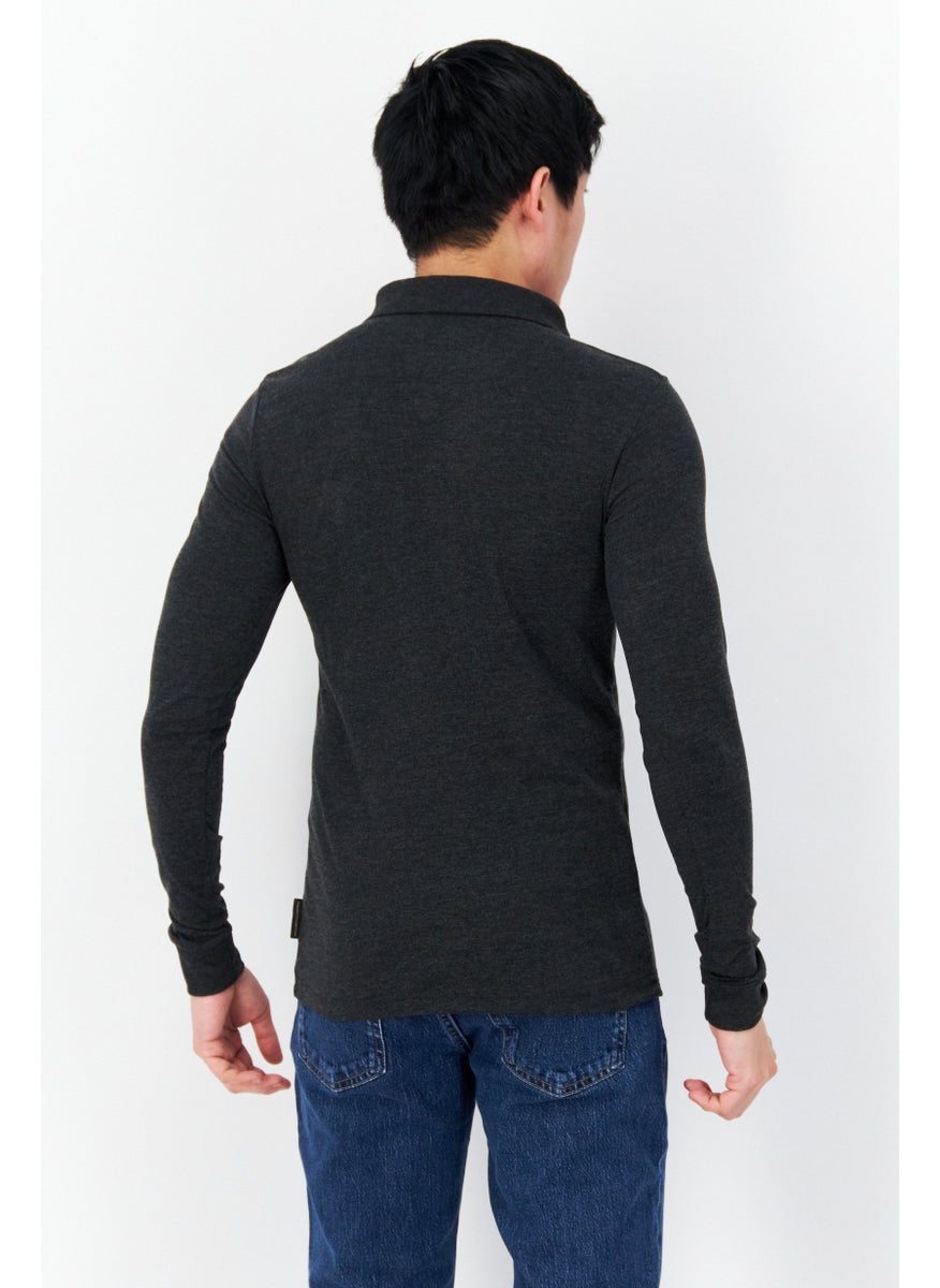 French Connection Men Regular Fit Brand Logo Long Sleeves Polo, Black/Charcoal  - Image 4