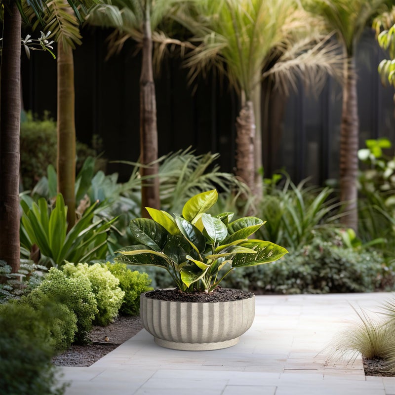 Kante Round Fluted Bowl Planter, 20.9 Inch Dia Large Concrete Flower Pots with Drainage Hole, Suitable for Indoor Outdoor Plants, Weathered Concrete Finish with Painted Interior - Image 3