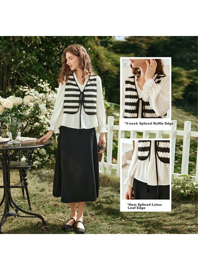 Olrain French-style Vest Spliced Chiffon Blouse For Women, Autumn Elegant Fake Two-piece Top, Black And White, Size S