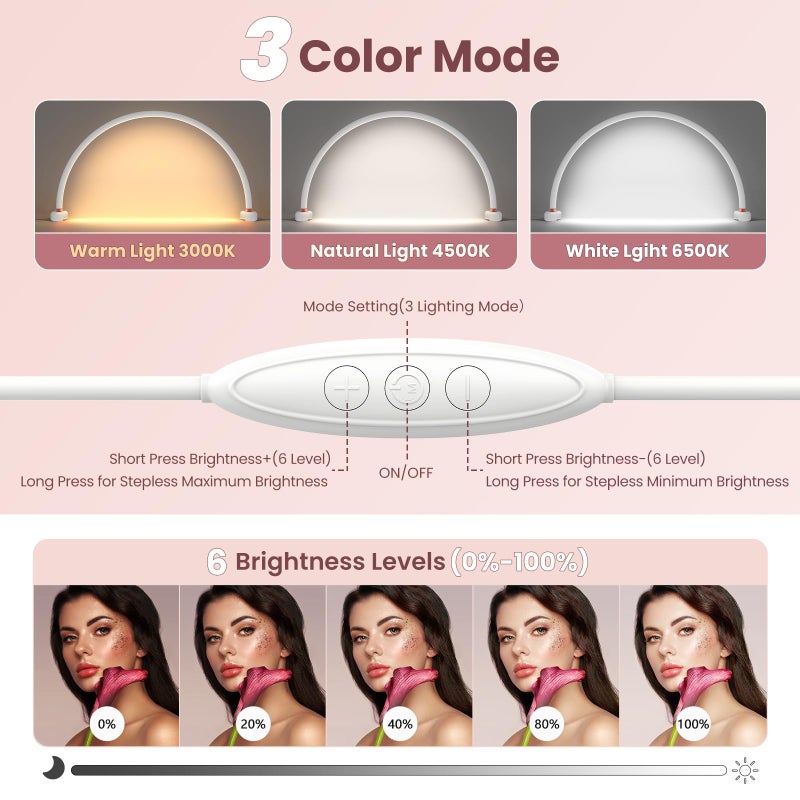 Yokilly Arc Half Moon Light: 20" Half Moon Light with Foldable Bracket for Desk Salon Table Use - No Flicker & Shadow-Free Desk Lamp with Stepless Brightness 3000-6500K for Manicurist Nail Tech - Image 3