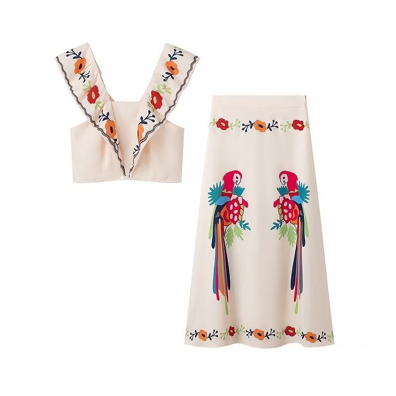 Cross-Border Supply European and American 2024 Summer New Holiday Style Ins Fashion Printed Ruffle Top and Skirt Suit Picture color
