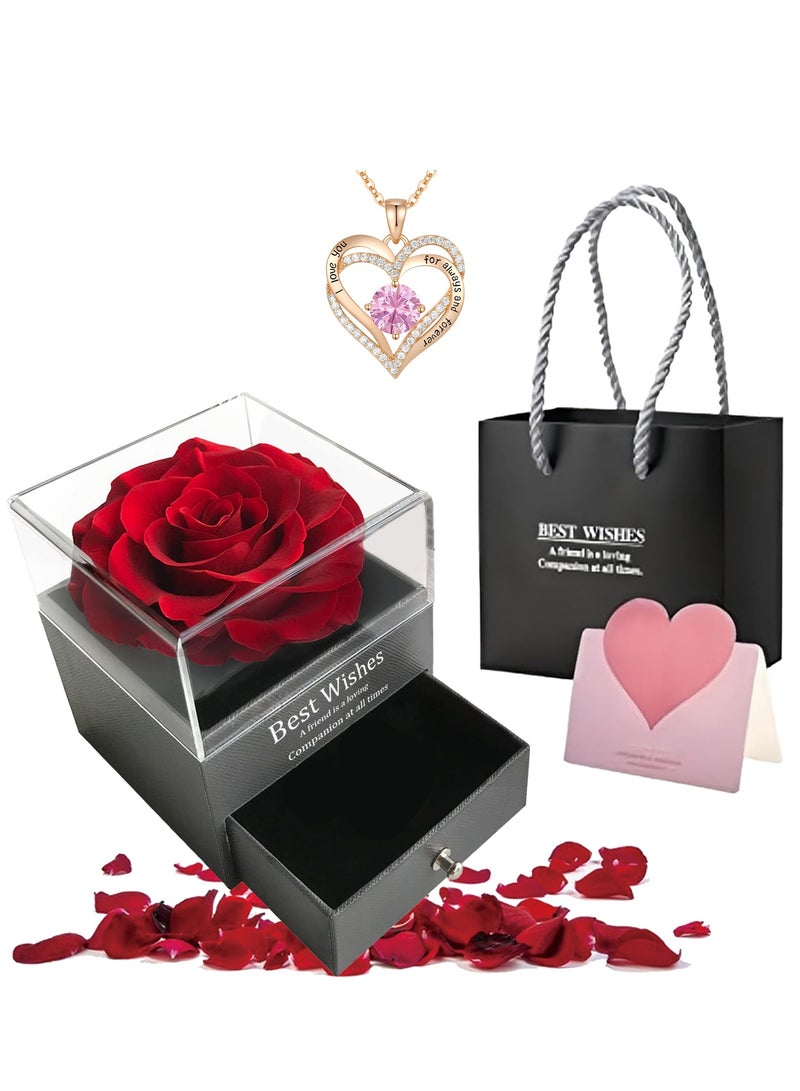 Adando Adando Eternal Rose with Gift Box Cute Eternal Red Rose Set with I Love You Necklace Handmade Preserved Rose Jewelry Box for Mom/Wife/Girlfriend A Romantic Gift for Her - Image 1