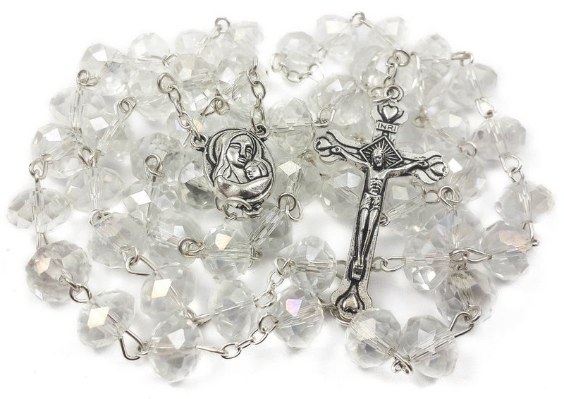 Nazareth Store Nazareth Store White Clear Crystal Beads Rosary Prayer Beaded Necklace with Holy Soil Medal and Jesus Cross Communion Rosary  - Image 1
