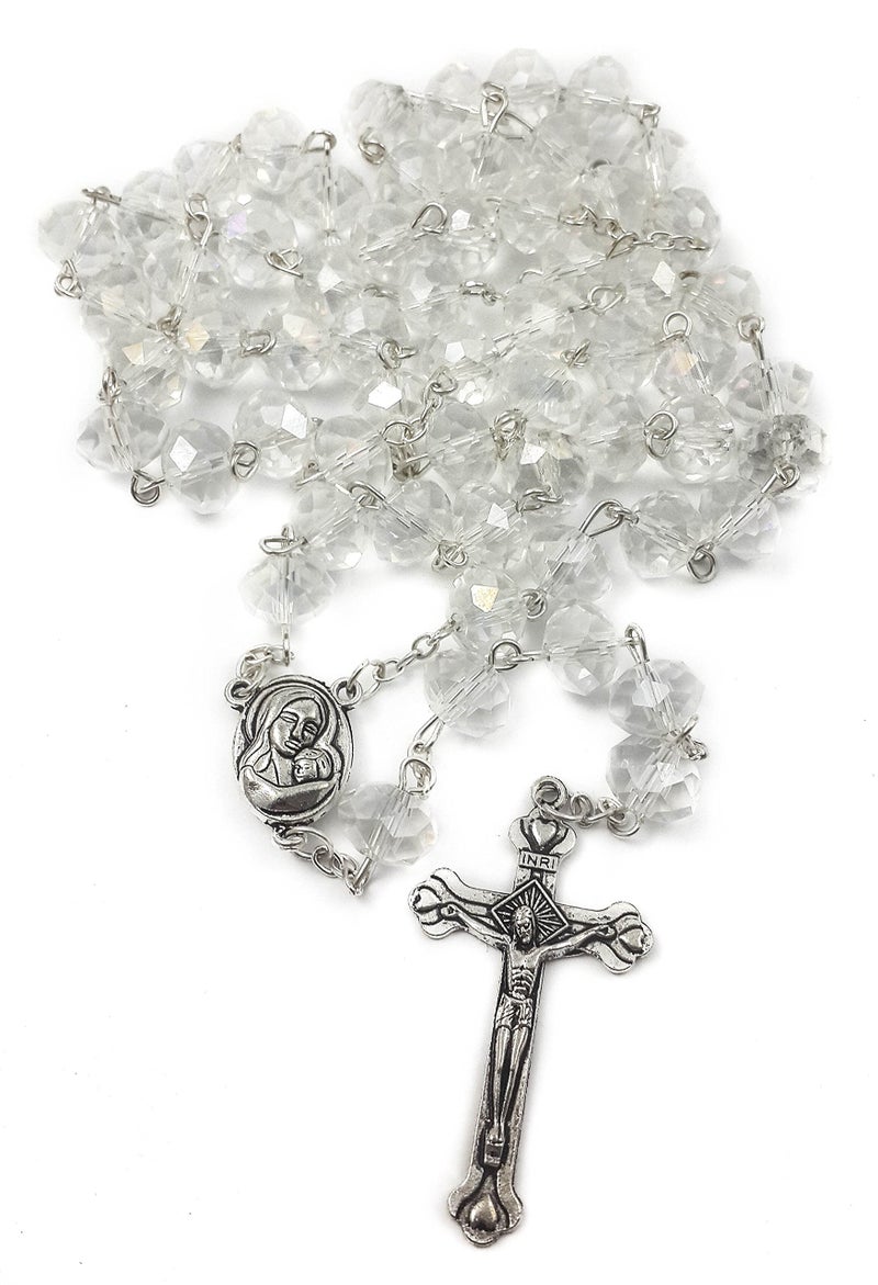 Nazareth Store Nazareth Store White Clear Crystal Beads Rosary Prayer Beaded Necklace with Holy Soil Medal and Jesus Cross Communion Rosary  - Image 2