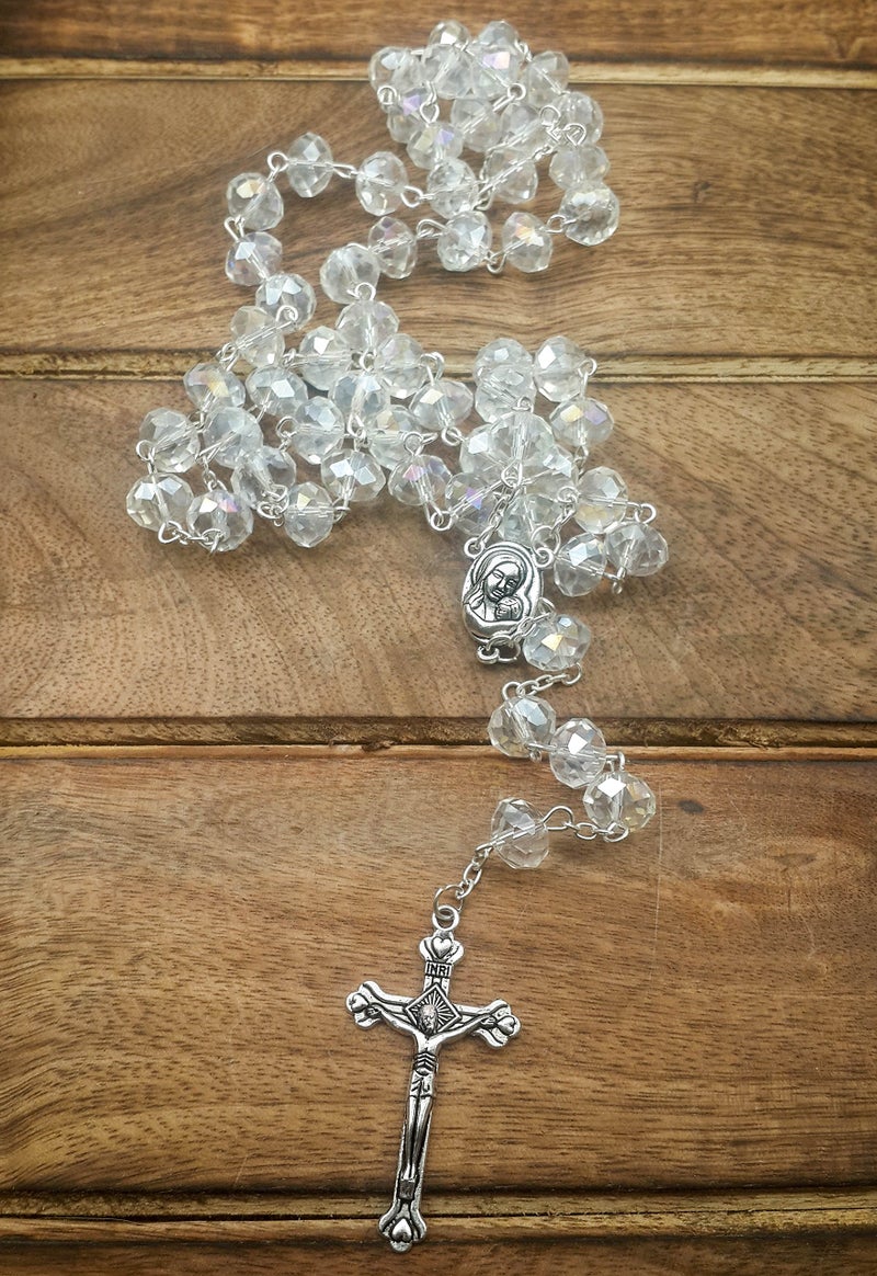Nazareth Store Nazareth Store White Clear Crystal Beads Rosary Prayer Beaded Necklace with Holy Soil Medal and Jesus Cross Communion Rosary  - Image 4