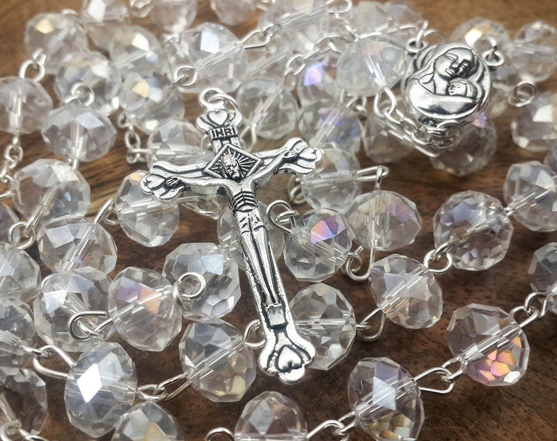 Nazareth Store Nazareth Store White Clear Crystal Beads Rosary Prayer Beaded Necklace with Holy Soil Medal and Jesus Cross Communion Rosary  - Image 5