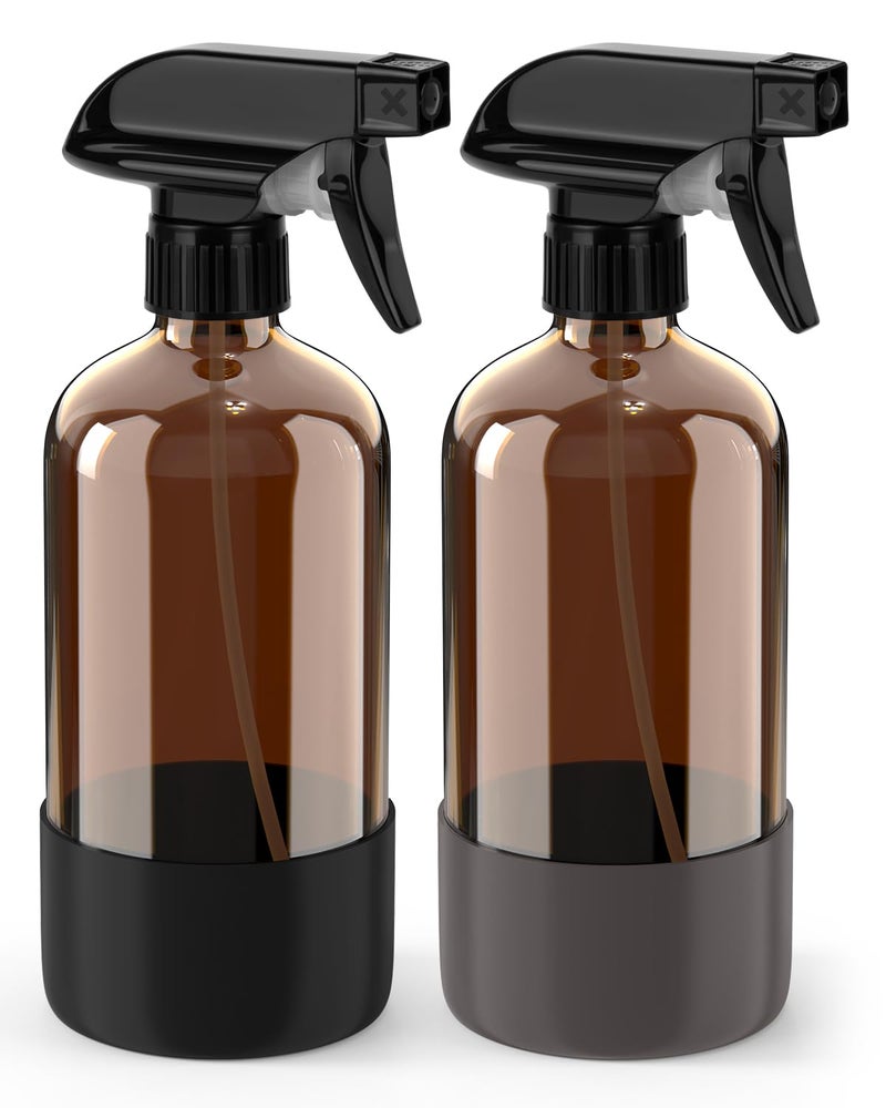 Bontip Glass Spray Bottle with Silicone Sleeve Protection, Amber Glass Spray Bottle Set for Window Cleaner Aromatherapy Facial Hydration Watering Flowers Hair Care 2 Pack/16 oz (Black & Grey, 16 oz) - Image 1