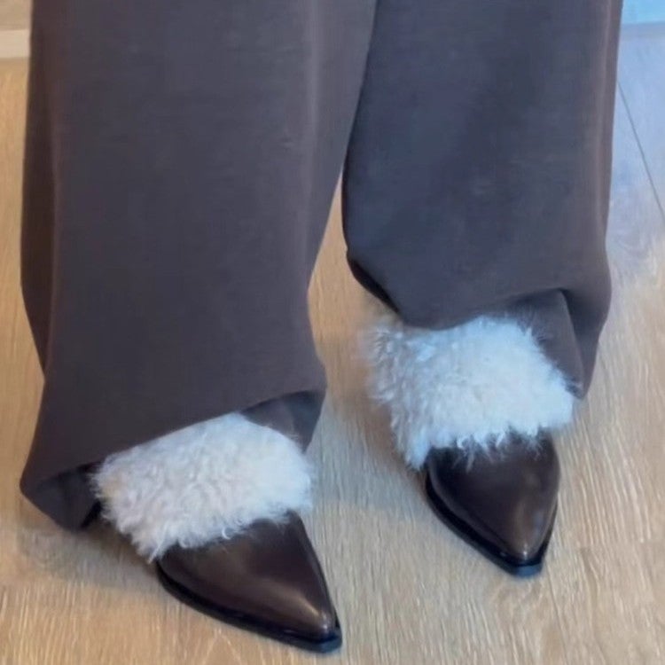 Women's Slip-On Pointed Toe Block Heel Shoes with Fleece Lining - Image 4
