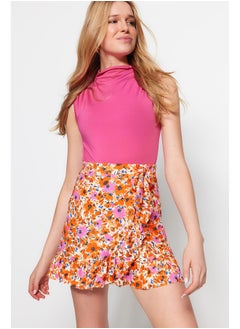 Orange Printed Ruffle High Waist Mini Stretch Knitted Skirt TWOSS21ET0010