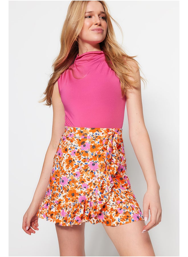 trendyol - Orange Printed Ruffle High Waist Mini Stretch Knitted Skirt TWOSS21ET0010 - Image 1