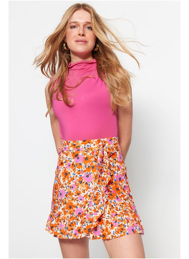 trendyol - Orange Printed Ruffle High Waist Mini Stretch Knitted Skirt TWOSS21ET0010 - Image 1