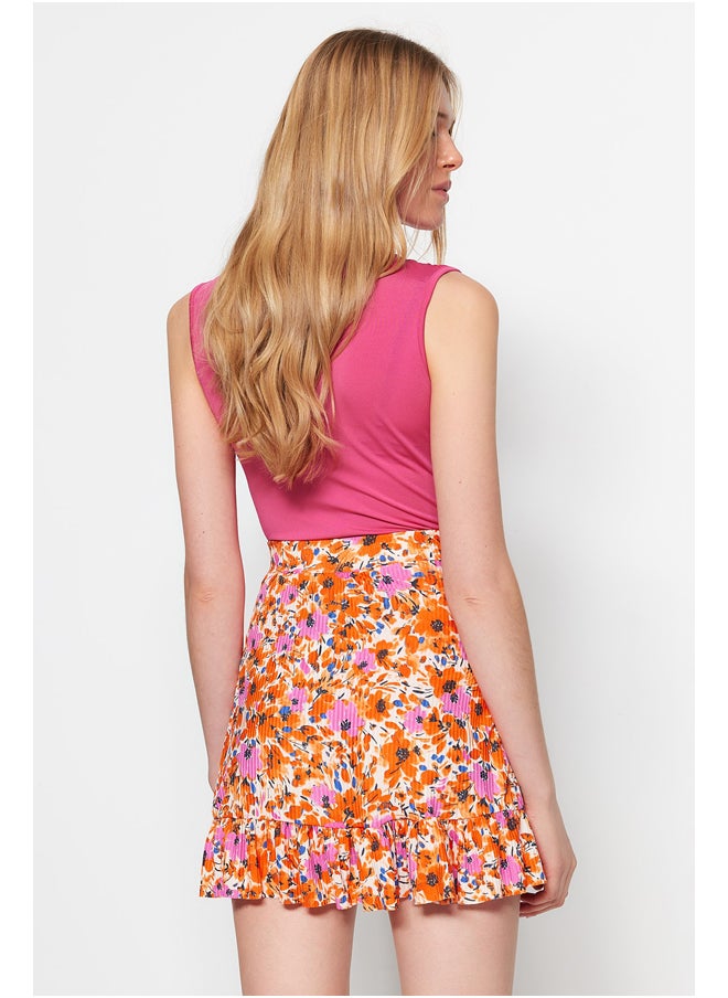 trendyol - Orange Printed Ruffle High Waist Mini Stretch Knitted Skirt TWOSS21ET0010 - Image 1