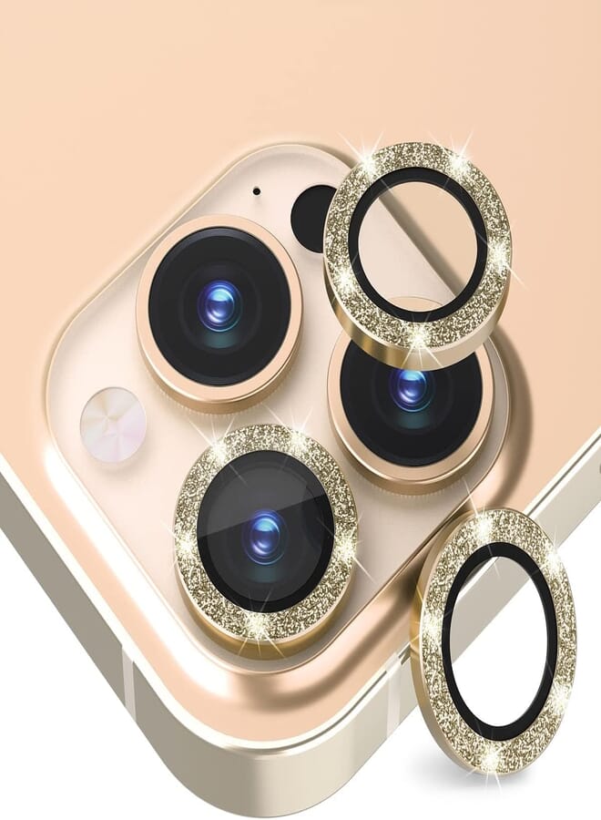 Suoman 3-Pack for iPhone 13 Pro 6.1 inch / 13 Pro Max 6.7 inch Camera Lens Protector, 9H Hardness Tempered Glass Film, [Glitter Diamonds] Individual Metal Protective Cover - Gold