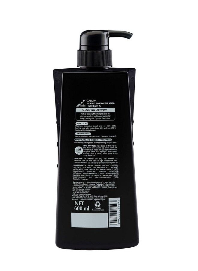 GATSBY Body Shower Gel Refresh 600Ml ; Shocking Ice Wave ; Contains Active Cooling Menthol & Vitamin E ; For Fresh Clean Skin ; Non Sticky Feeling ; Body Shower Gel For Men ; Made In Indonesia  - Image 3