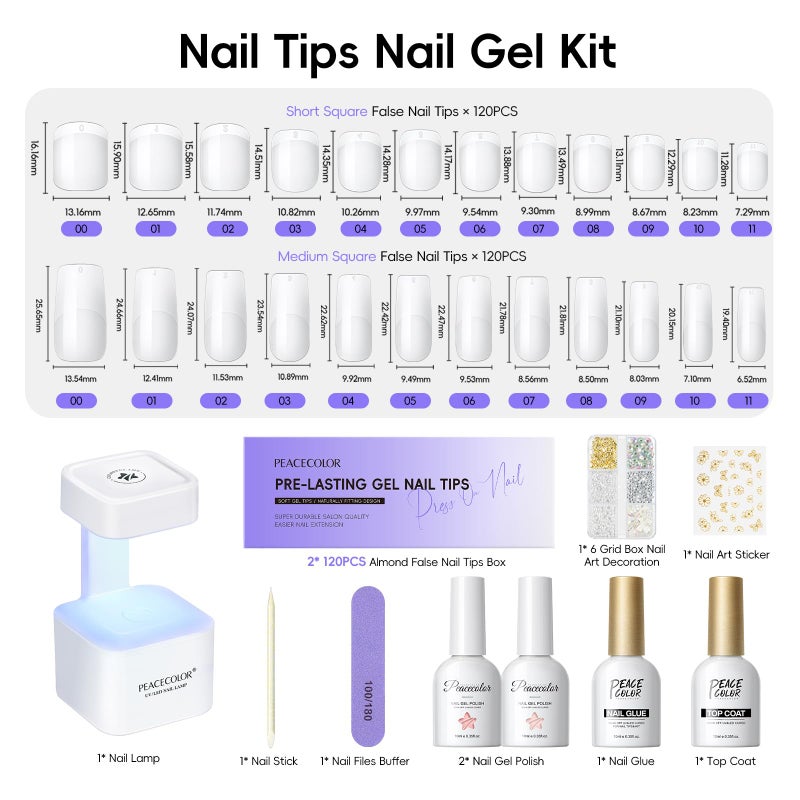 PEACECOLOR Square Gel Nail Kit, 240pc Short Medium False Nail Tips for Extension 2 Colors Jelly Gel Polish with U V Light Nail Glue Nails Art Stickers Rhinestones Easy DIY for Women Home Salon DIY - Image 2