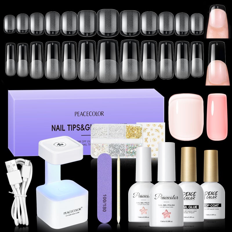 PEACECOLOR Square Gel Nail Kit, 240pc Short Medium False Nail Tips for Extension 2 Colors Jelly Gel Polish with U V Light Nail Glue Nails Art Stickers Rhinestones Easy DIY for Women Home Salon DIY - Image 1