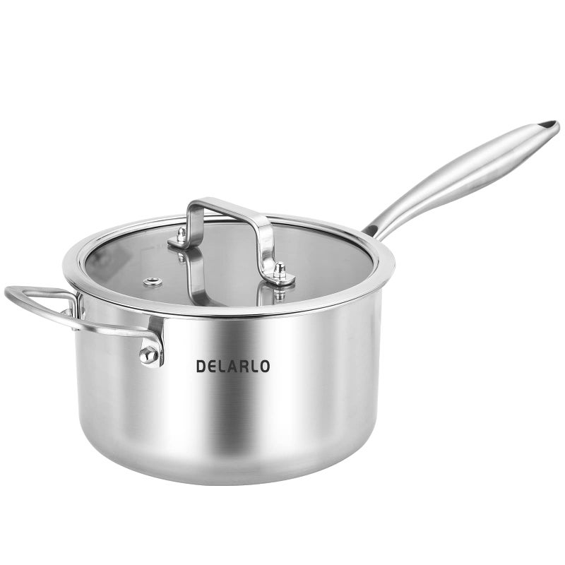 DELARLO TriPly Stainless Steel Saucepan 35 QT Saucepan with Lid All Stove Compatible 600 Induction Sauce Pot Heavy Duty Saucier Pot Dishwasher Safe Saucepan Induction Pot 35 Quart Even Heat