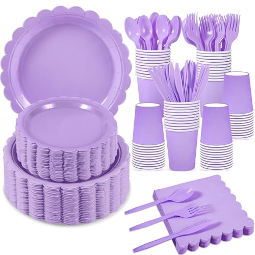 Xiangqu 350 Pcs Lavender Paper Plates and Napkins, Light Purple Party Decorations Include Light Purple Scalloped Plate Napkins Cups Plastic Spoon Fork Knive for Girls Birthday, Baby Shower, Wedding - Image 1