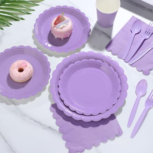 Xiangqu 350 Pcs Lavender Paper Plates and Napkins, Light Purple Party Decorations Include Light Purple Scalloped Plate Napkins Cups Plastic Spoon Fork Knive for Girls Birthday, Baby Shower, Wedding - Image 5