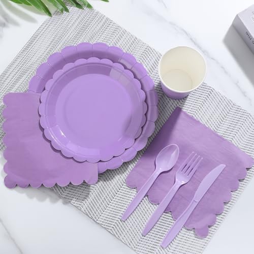 Xiangqu 350 Pcs Lavender Paper Plates and Napkins, Light Purple Party Decorations Include Light Purple Scalloped Plate Napkins Cups Plastic Spoon Fork Knive for Girls Birthday, Baby Shower, Wedding - Image 4