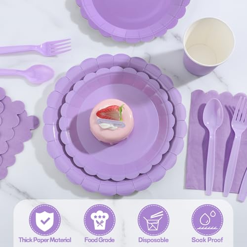Xiangqu 350 Pcs Lavender Paper Plates and Napkins, Light Purple Party Decorations Include Light Purple Scalloped Plate Napkins Cups Plastic Spoon Fork Knive for Girls Birthday, Baby Shower, Wedding - Image 3