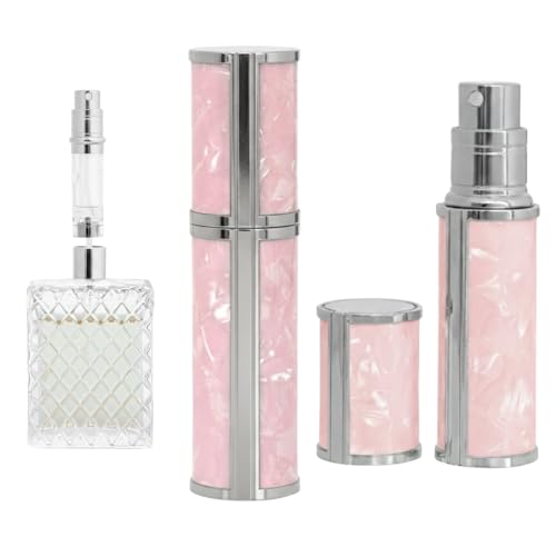 Ms Lovely Pearlescent Travel Perfume Atomizer Bottle 5ml Refillable Mini Spray for Purse TSA Approved Portable Fragrance Dispenser Pink and Silver - Image 1