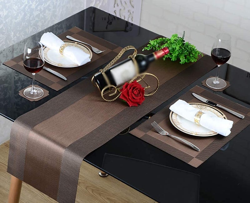 Baskety Placemat, Stain Resistant PVC Table Mats Non-Slip Coffee Mats,Cross weave Woven Vinyl Heat Resistant Kitchen Table mats for Dining Table (Brown, Table Runner) (Brown, Pack of 1) - Image 3
