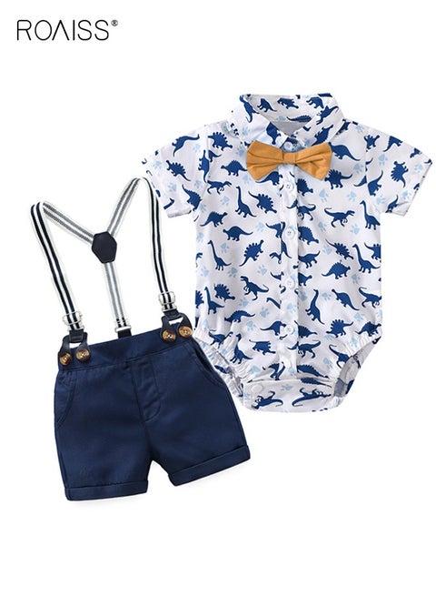 3 Piece Comortable Clothing Set for Toddler Boys, Little Gentleman Short Sleeve Romper Shirt and Suspender Pants Set with Bow Tie, Formal Outfit for Summer, Suitable for Wedding Ceremonies, Performances and Formal Activities