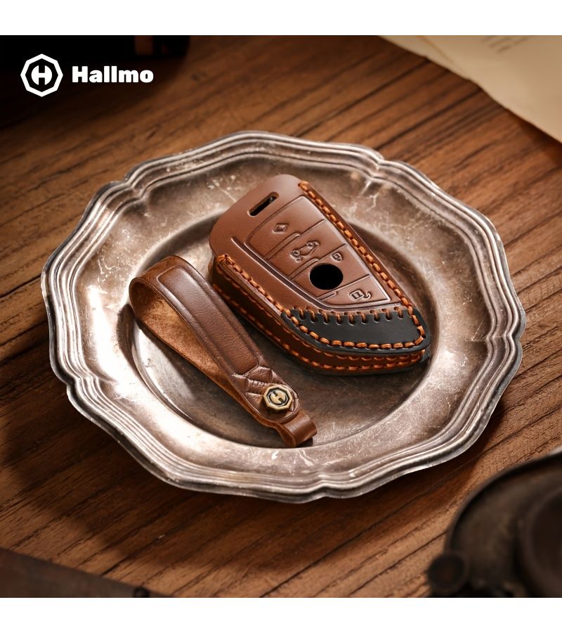 Double Seam Brown Key Fob Cover For BMW Compatible With 1 3 5 7 Series 530 F48 X1 X2 X3 X4 X5 X6 Classic Hood Concept Car Key Chain Ring Holder Handmade Stylish Design - Image 1