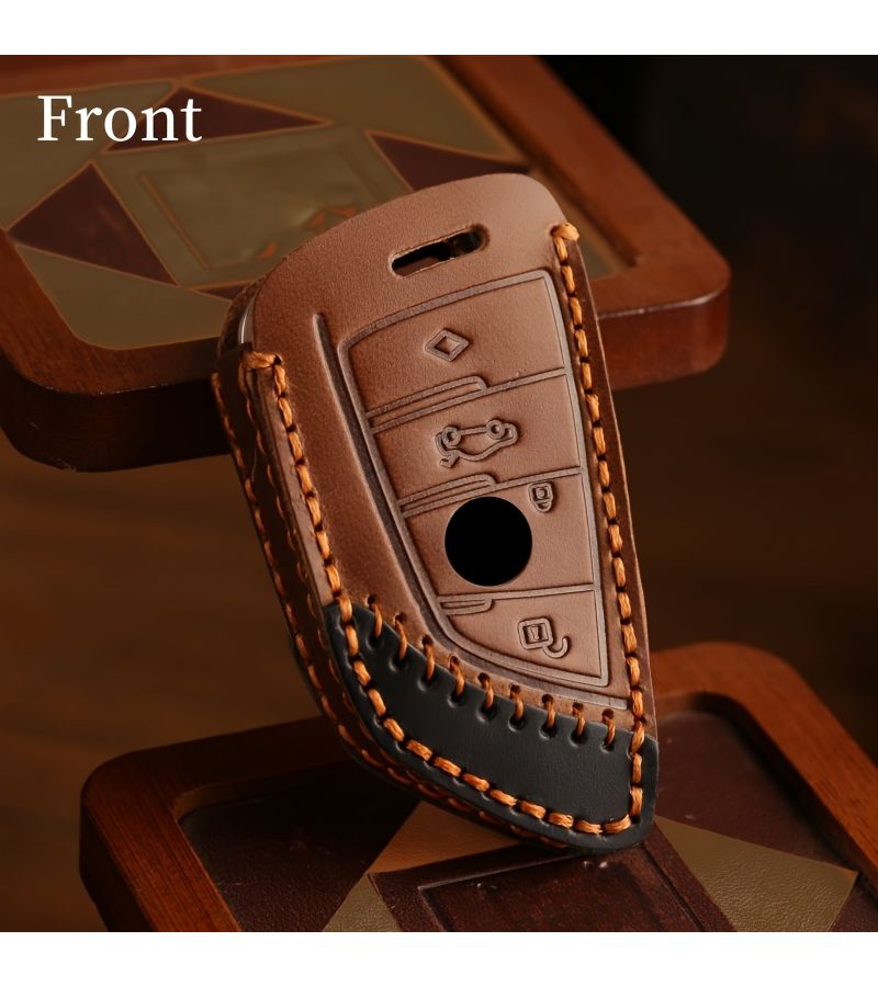 Double Seam Brown Key Fob Cover For BMW Compatible With 1 3 5 7 Series 530 F48 X1 X2 X3 X4 X5 X6 Classic Hood Concept Car Key Chain Ring Holder Handmade Stylish Design - Image 3