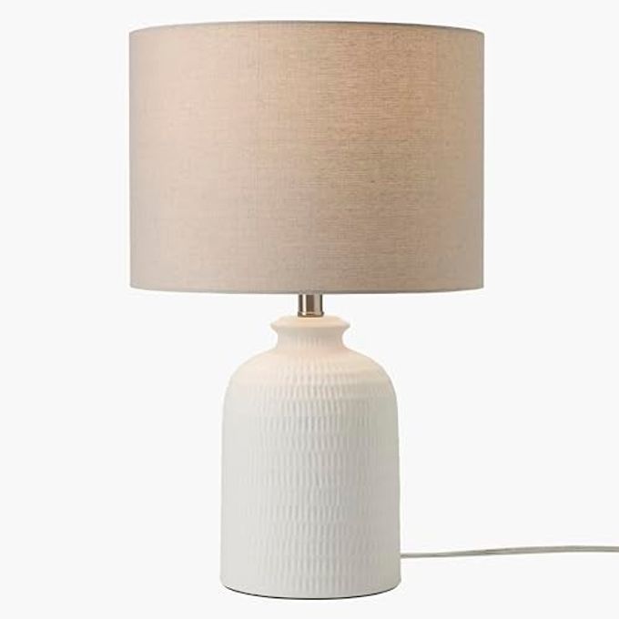 Nourison Home 24" White Farmhouse Textured Ceramic Table Lamp with Beige Linen Shade for Bedroom, Living Room,Entryway - Image 4