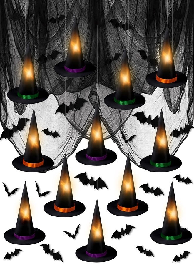 VABAMNA 72Pack Halloween Black Witch Hats Bats Decorations Indoor Set, with Glow LED Candles Black Creepy Cloth, 3D Bats Wall Stickers for Halloween Party Supplies Wall Porch Home Decor - Image 1